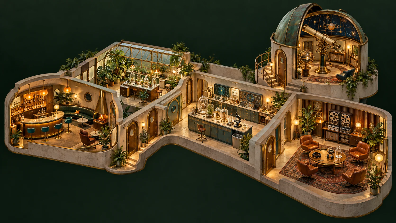 A miniature creative laboratory: a cozy bar, a greenhouse, a research bench, a listening room, and an observatory, joined by warm brass doors.
