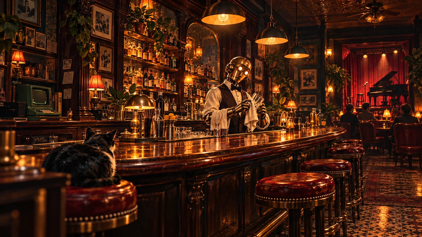 A brass robot bartender in a warmly lit, wood-paneled neighborhood bar.